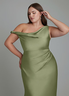 Azazie Emerson Bridesmaid Dresses Garden Sage Mermaid Off the Shoulder Stretch Satin Dress image10