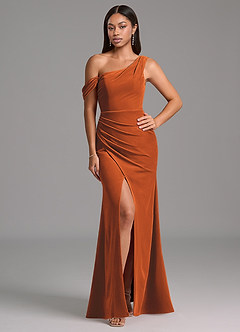 Azazie Madelyn Bridesmaid Dresses Burnt Orange Sheath One Shoulder Velvet Dress image1