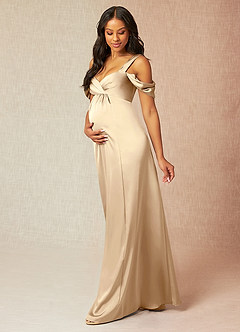 Azazie Rhea Vestidos de dama de honra para maternidade Vestir Linha A Plissado Comprimento do chão Cetim elástico image4