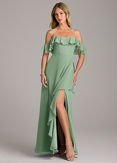 Azazie Aubrie Bridesmaid Dresses Matcha A-Line Off the Shoulder Chiffon Dress image4