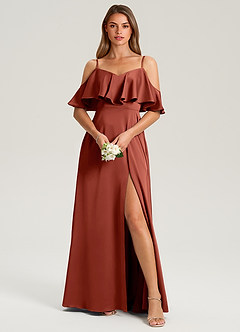 Azazie Jean Bridesmaid Dresses Terracotta A-Line Off the Shoulder Stretch Satin Dress image1