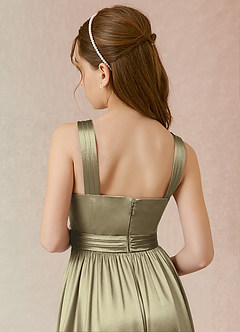 Azazie Jiya Junior Moss Green A-Line Pleated Metallic Satin Dress image4
