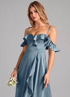 Azazie Lyra Bridesmaid Dresses Dusty Blue A-Line Off the Shoulder Stretch Satin Convertible Dress image7