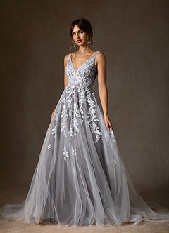 Azazie Sorella Wedding Dresses Diamond White Cocoa A-Line V-Neck Sequins Tulle Dress image7