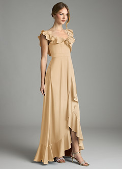 Azazie Lyra Bridesmaid Dresses Gold A-Line Off the Shoulder Stretch Satin Convertible Dress image5
