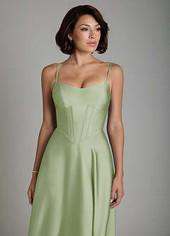 Azazie Nona Bridesmaid Dresses Dusty Sage A-Line Pleated Stretch Satin Dress image3