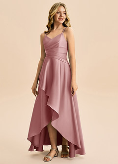 Azazie Eirlys Junior Abito A-Line in Raso Elasticizzato Plissettato Rosa Polverosa image5