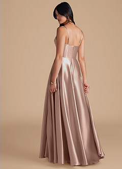 Azazie Elle Bridesmaid Dresses Taupe A-Line with Pockets Metallic Satin Dress image2