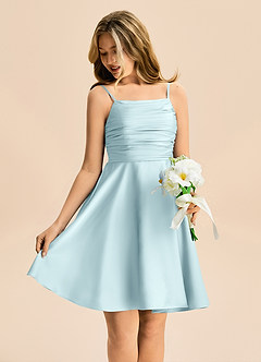 Azazie Miko Junior Cloud Blue A-Line Pleated Stretch Satin Dress image4