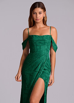 Azazie Johana Robes de demoiselle d'honneur Robe Sirène Convertible en Blumen-Burnout Épaule décolletée émeraude image2