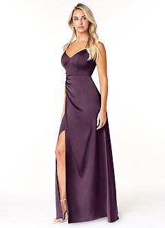 Azazie Marchella Bridesmaid Dresses Plum A-Line Corset Stretch Satin Dress image4