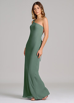 Azazie Monroe Vestidos de damas de honor Vestido de Eucalipto de Gasa de Corte Recto con Hombro unilateral image4