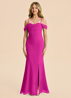 Azazie Nira Junior Vestido Fucsia de Gasa de Corte Sirena con Drapeado image6