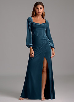 Azazie Charissa Jurken voor bruidsmeisjes Jurk van flueel met Kolom Lange mouw Blauwe Topaas image1