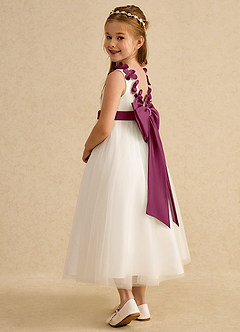 Azazie Lilli Flower Girl Dresses Ivory Mulberry A-Line Bow Tulle Dress image4