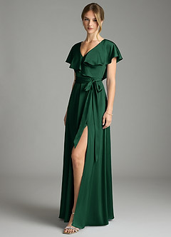 Azazie Lainey Bridesmaid Dresses Dark Green A-Line with Pockets Stretch Satin Dress image1