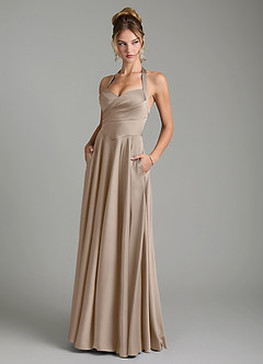 Azazie Tenaya Bridesmaid Dresses Taupe A-Line Sweetheart Neckline Stretch Satin Dress image1
