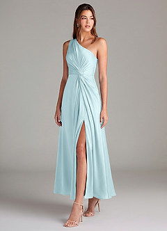 Azazie Brooke Robes de demoiselle d'honneur Robe Trapèze en Satin extensible Asymétrique Bleu Nuage image3