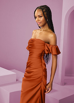 Barbie ♥ Azazie Robes de demoiselle d'honneur Robe Fourreau Convertible en Satin extensible Épaule décolletée Orange Brûlée image6