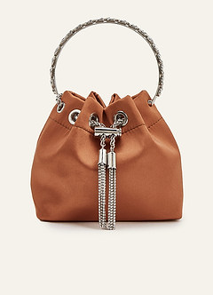 front Crystal Hoop Handle Satin Bucket Bag