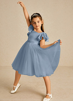 Azazie Kaeya Abiti da Ragazza di Fiori Abito A-Line in Tulle Fiocco Blu Polveroso image2