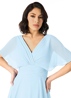 Azazie Pamela Vestidos de damas de honor Vestido de Azul Cielo de Gasa de Corte en A con Cuello en V plisado image4