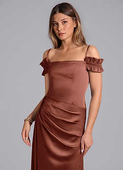 Azazie Kalysia Brudtärnklänningar Klänning av Sjöjungfru i Stretch Satin Av axeln Kastanjebrunt Konvertibel image5