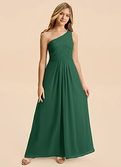Azazie Emmie Junior Dark Green A-Line Pleated Chiffon Dress image4