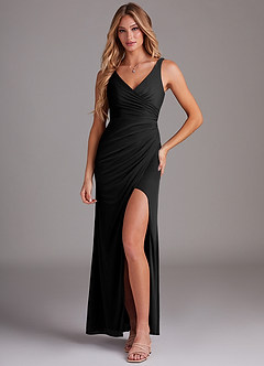 Azazie Leandra Bridesmaid Dresses Black Mermaid V-Neck Pleated Mesh Dress image1