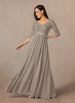 Azazie Hayek vestidos de madre de la novia Vestido de Gris Pardo de Gasa de Corte En A con Cuello en V de encaje image1