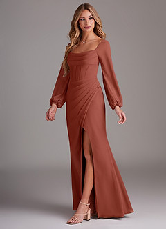 Azazie Charissa Robes de demoiselle d'honneur Robe Fourreau en Mousseline de soie Manches longues Auburn image4