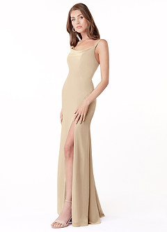 Azazie Salma Robes de demoiselle d'honneur Robe Fourreau en Mousseline de soie Fente Latérale Champagne image3