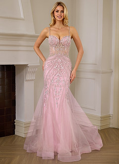 Josepheas Pink Beading Tulle Mermaid Corset Prom Dress image3