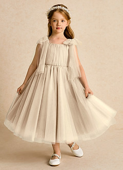Azazie Dori Robe Demoiselle D'honneur Fillette Robe Trapèze en Tulle Rayé Champagne image2