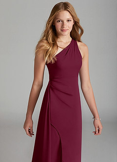 Azazie Maron Junior Mulberry A-Line Pleated Stretch Satin Dress image3
