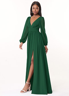 Azazie Norah Vestidos de damas de honor Vestido de Verde Oscuro de Gasa de Corte en A con Manga larga con cuello en V image4