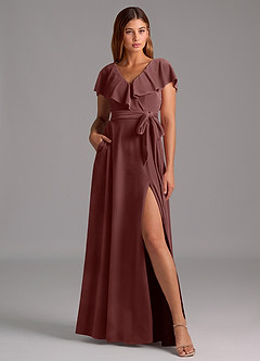 Azazie Lainey Brautjungfernkleider A-Linie Gestreift Samt Kleid Espresso image1