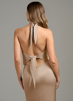 Azazie Francesca Robes de demoiselle d'honneur Robe Fourreau en Satin extensible Taupe image6