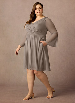 Azazie Teraso Mother of the Bride Dresses Taupe A-Line Pleated Mesh Dress image11