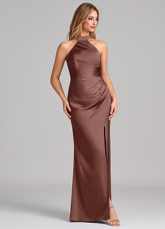 Azazie Karlotta Bridesmaid Dresses Espresso Sheath Pleated Stretch Satin Dress image5