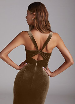 Azazie Mero Vestidos de damas de honor Vestido de Caoba de terciopelo de Corte Recto con Plisado image2