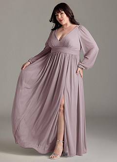 Azazie Norah Bridesmaid Dresses Dusk A-Line V-Neck Long Sleeve Chiffon Dress image10