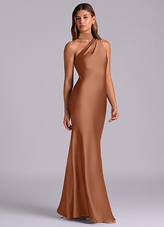 Azazie Seona Robes de demoiselle d'honneur Robe Sirène en Satin extensible Une épaule Bronze image5