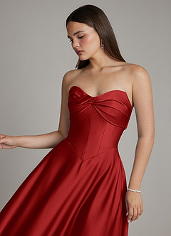 Azazie Meleena Bridesmaid Dresses Pomegranate A-Line Strapless Stretch Satin Dress image4