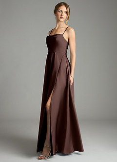 Azazie Elle Bridesmaid Dresses Ganache A-Line Pleated Stretch Satin Dress image3