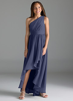 Azazie Mathilda Junior Robe Trapèze en Mousseline de soie Plissée Bleu Orageux image4