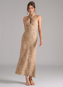 Azazie Marlissa Bridesmaid Dresses Champagne Sheath Pleated Floral Burnout Dress image3