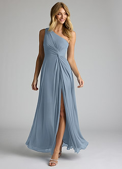 Azazie Brooke Bridesmaid Dresses Dusty Blue A-Line One Shoulder Mesh Dress image2