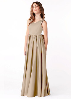 Azazie Hathaway Junior Taupe A-Line Bow Matte Satin Dress image4