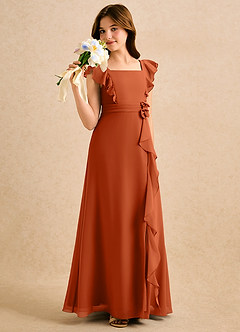 Azazie Soso Girls Formal Robe Demoiselle D'honneur Fillette Robe Trapèze en Mousseline de soie Plissée Orange Brûlée image4